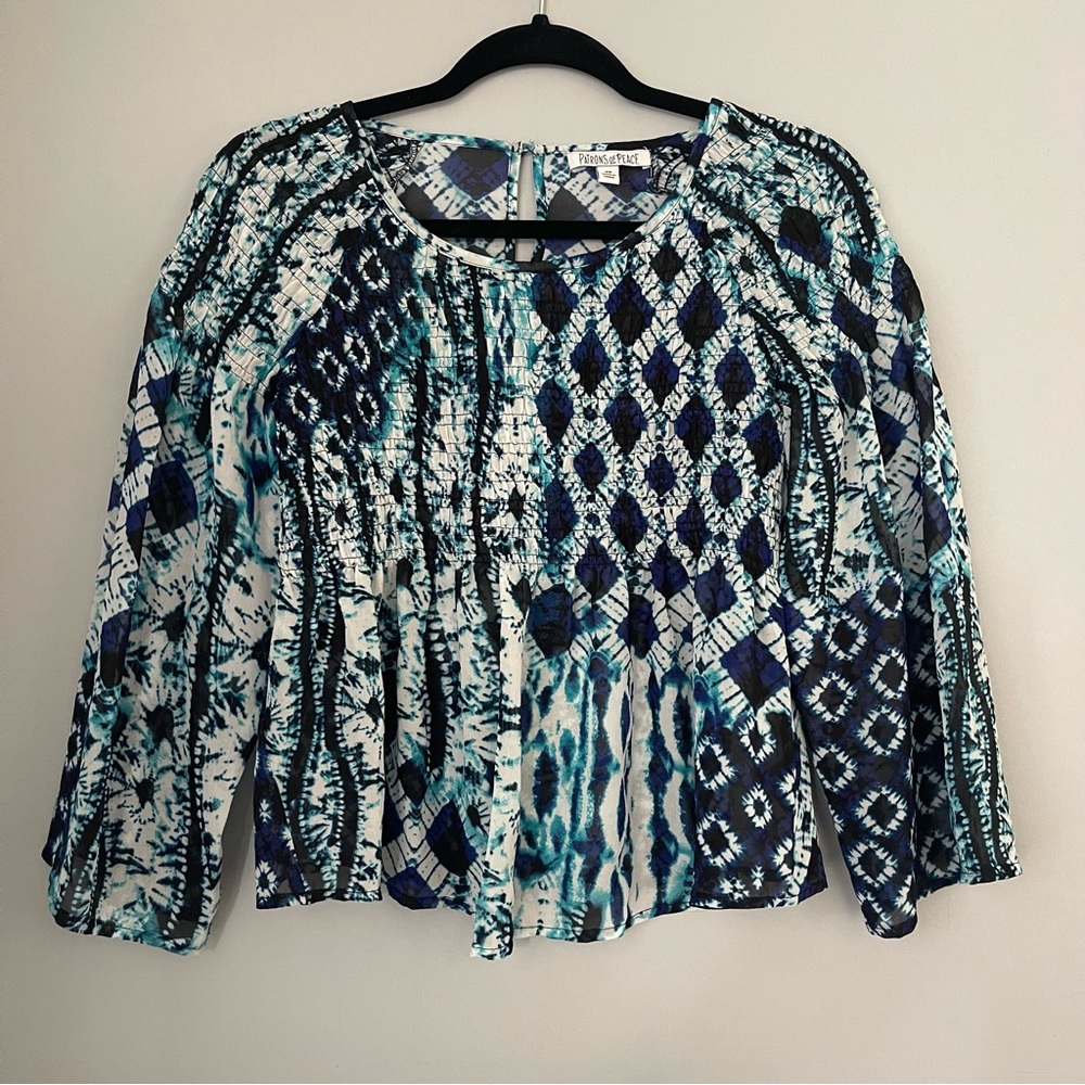 Patrons of Peace Blue and White Long Sleeve Sheer Tye Dye Size XS